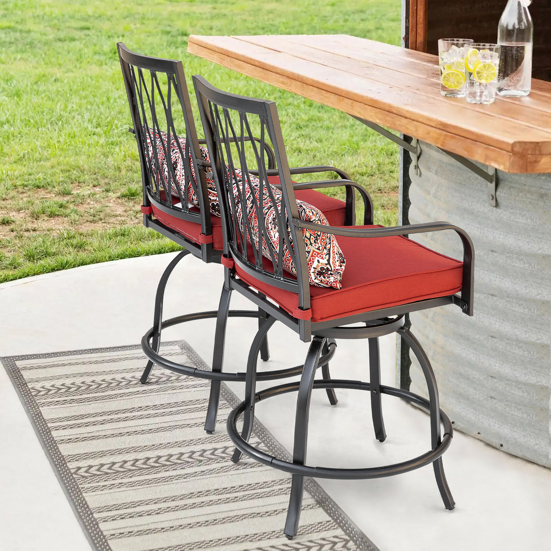 Outdoor Patio Swivel Bar Stool Set of 2 Iron Bar Height Bistro Chairs, with Padded Cushions and Extra Pillows, for Patio, Garden, Backyard and Balcony, Black and Red Color