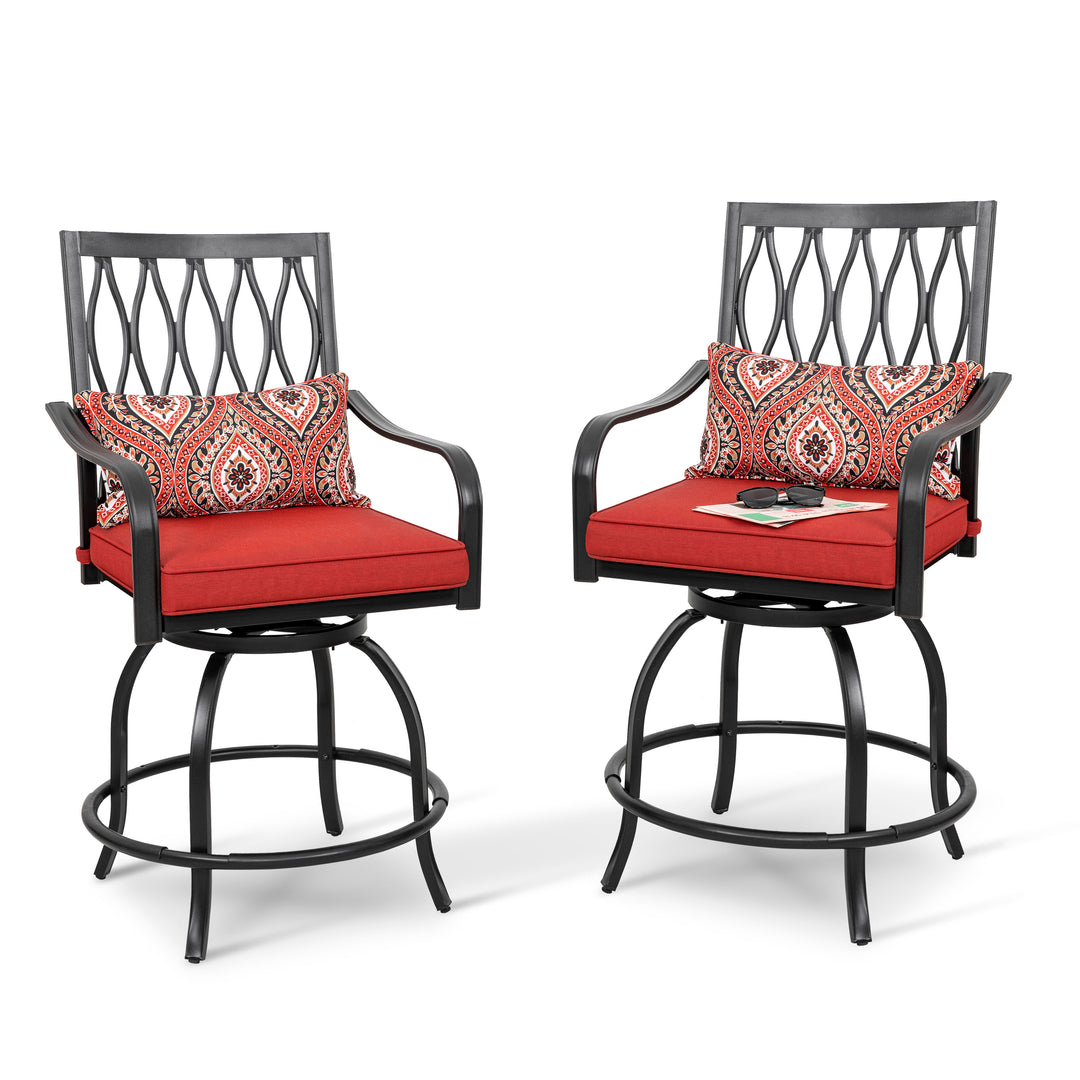 Outdoor Patio Swivel Bar Stool Set of 2 Iron Bar Height Bistro Chairs, with Padded Cushions and Extra Pillows, for Patio, Garden, Backyard and Balcony, Black and Red Color