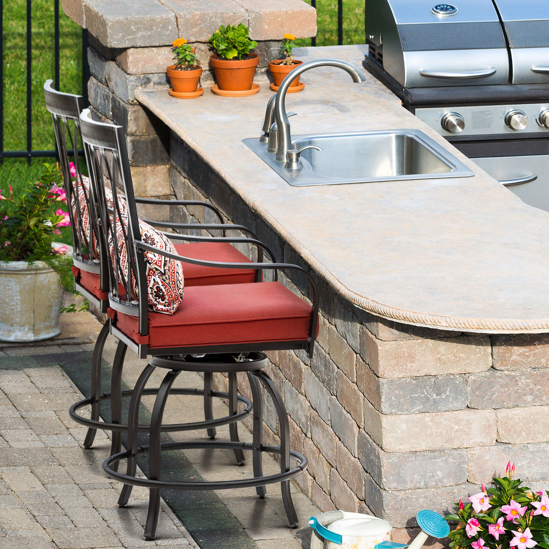 2 Pieces Patio Swivel Chairs Set, Wide Outdoor Bar Stools with Seat Cushion and Armrest, Metal Steel Frame Bar Height Chairs for Garden, Backyard, Patio and Poolside