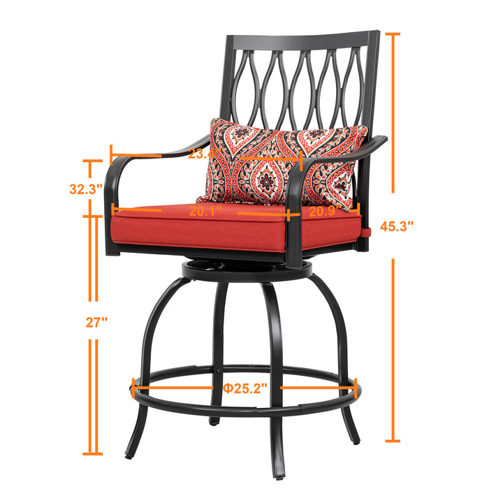 Outdoor Patio Swivel Bar Stool Set of 2 Iron Bar Height Bistro Chairs, with Padded Cushions and Extra Pillows, for Patio, Garden, Backyard and Balcony, Black and Red Color