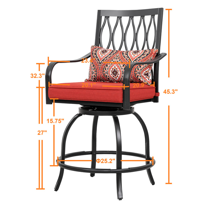 2 Pieces Patio Swivel Chairs Set, Wide Outdoor Bar Stools with Seat Cushion and Armrest, Metal Steel Frame Bar Height Chairs for Garden, Backyard, Patio and Poolside