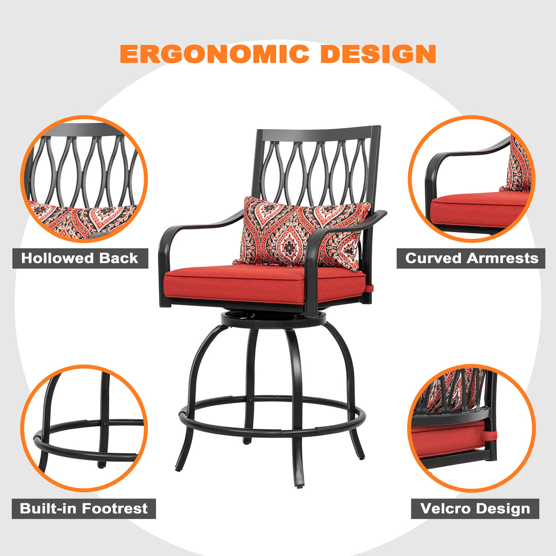 Outdoor Patio Swivel Bar Stool Set of 2 Iron Bar Height Bistro Chairs, with Padded Cushions and Extra Pillows, for Patio, Garden, Backyard and Balcony, Black and Red Color