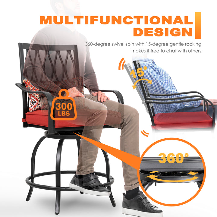 Outdoor Patio Swivel Bar Stool Set of 2 Iron Bar Height Bistro Chairs, with Padded Cushions and Extra Pillows, for Patio, Garden, Backyard and Balcony, Black and Red Color