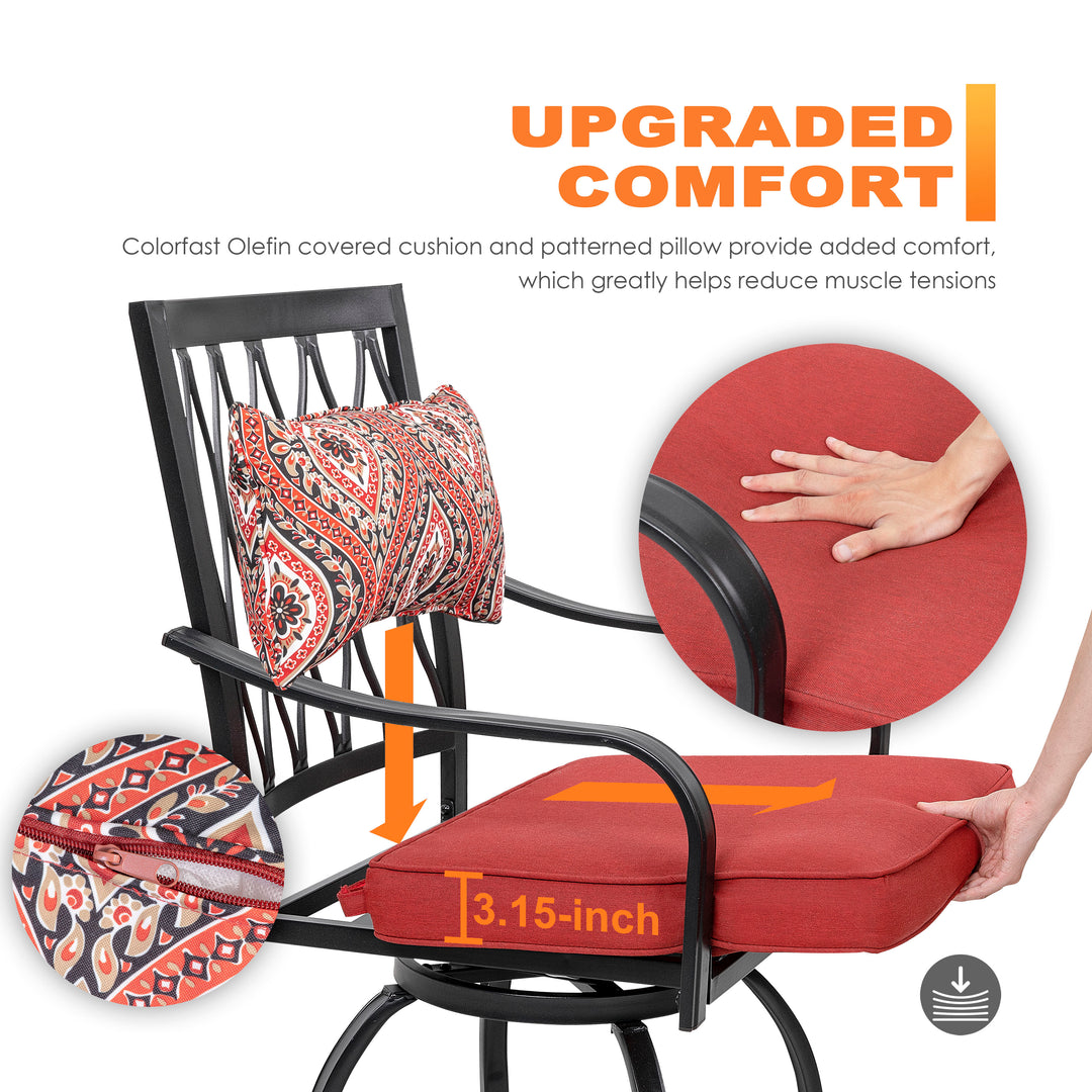 Outdoor Patio Swivel Bar Stool Set of 2 Iron Bar Height Bistro Chairs, with Padded Cushions and Extra Pillows, for Patio, Garden, Backyard and Balcony, Black and Red Color