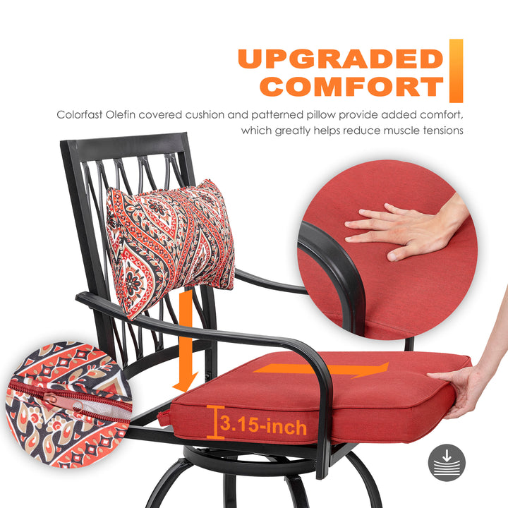 Outdoor Patio Swivel Bar Stool Set of 2 Iron Bar Height Bistro Chairs, with Padded Cushions and Extra Pillows, for Patio, Garden, Backyard and Balcony, Black and Red Color