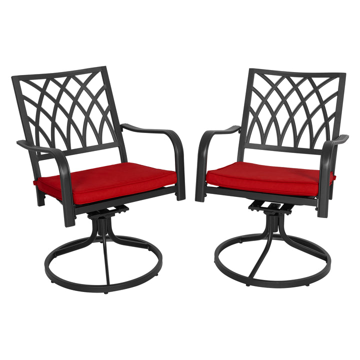 Patio Swivel Chair Set of 2, Heavy Duty Outdoor Dining Chairs with Red Cushions, Metal Patio Chairs 360-Degree Swivel for Garden Lawn Porch Backyard, Black