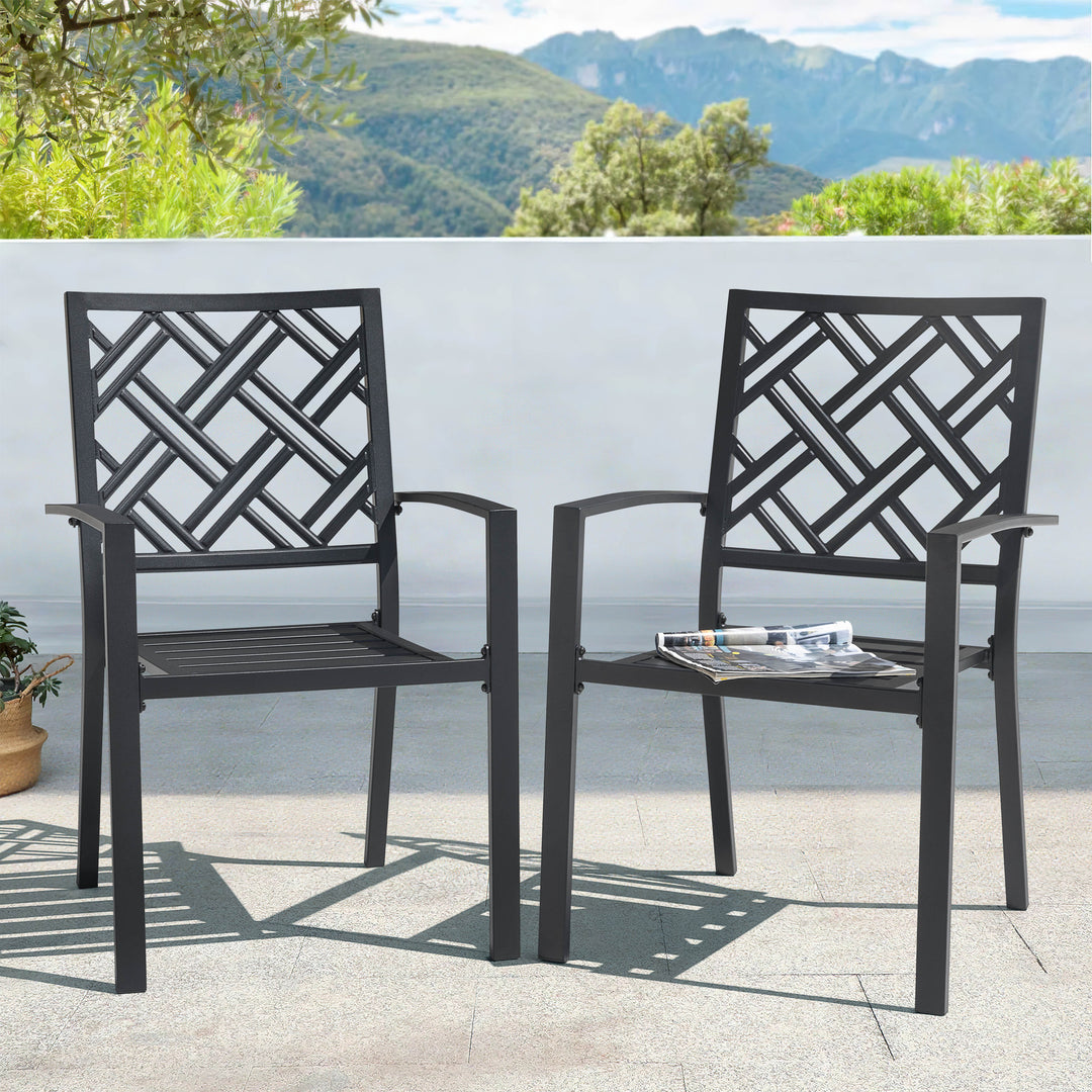 Patio 2-Piece Iron Dining Chairs with Slatted Seat and Stackable Design