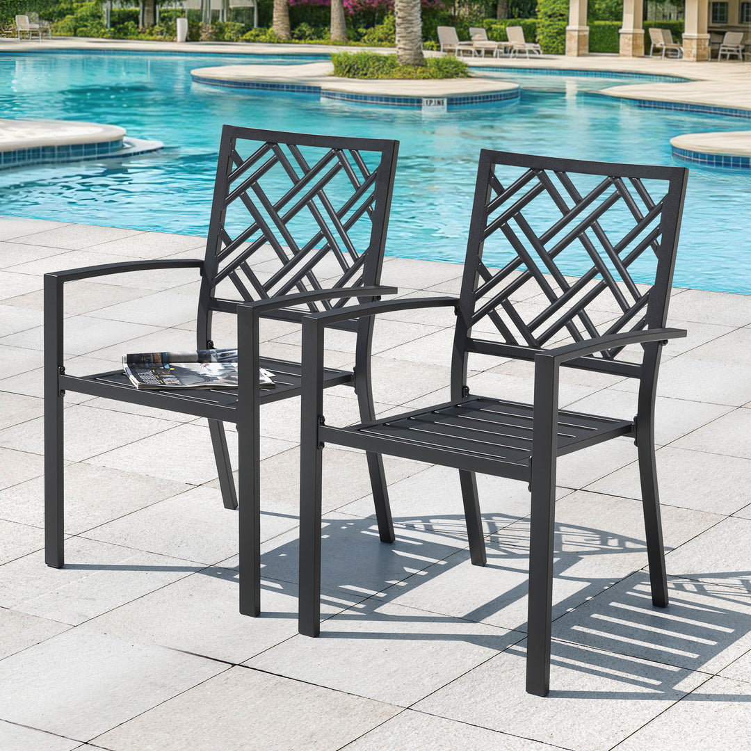 Patio 2-Piece Iron Dining Chairs with Slatted Seat and Stackable Design