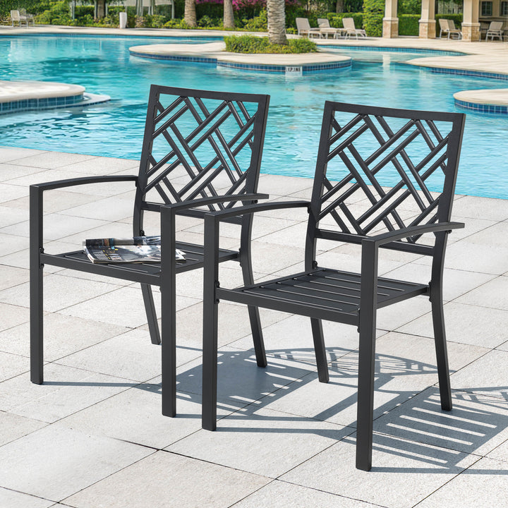 Patio 2-Piece Iron Dining Chairs with Slatted Seat and Stackable Design