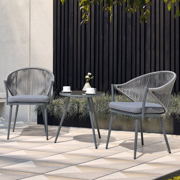 Outdoor Aluminum Chair Set of 4, Woven Rope Conversation Chairs with Seat Cushions, Dark Gray Color
