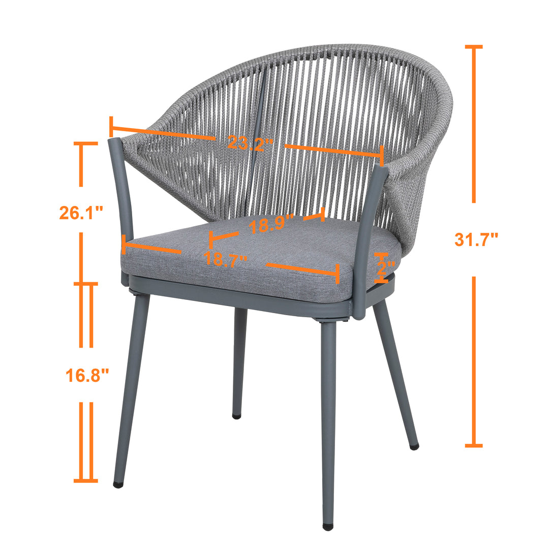 Outdoor Aluminum Chair Set of 4, Woven Rope Conversation Chairs with Seat Cushions, Dark Gray Color