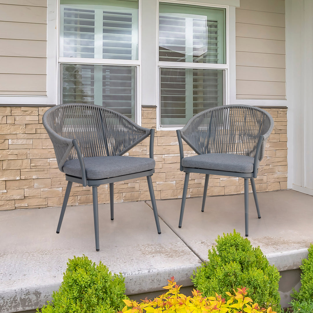 Outdoor Aluminum Chair Set of 4, Woven Rope Conversation Chairs with Seat Cushions, Dark Gray Color