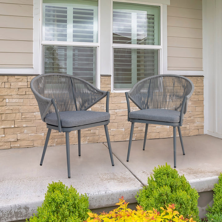 Outdoor Aluminum Chair Set of 4, Woven Rope Conversation Chairs with Seat Cushions, Dark Gray Color