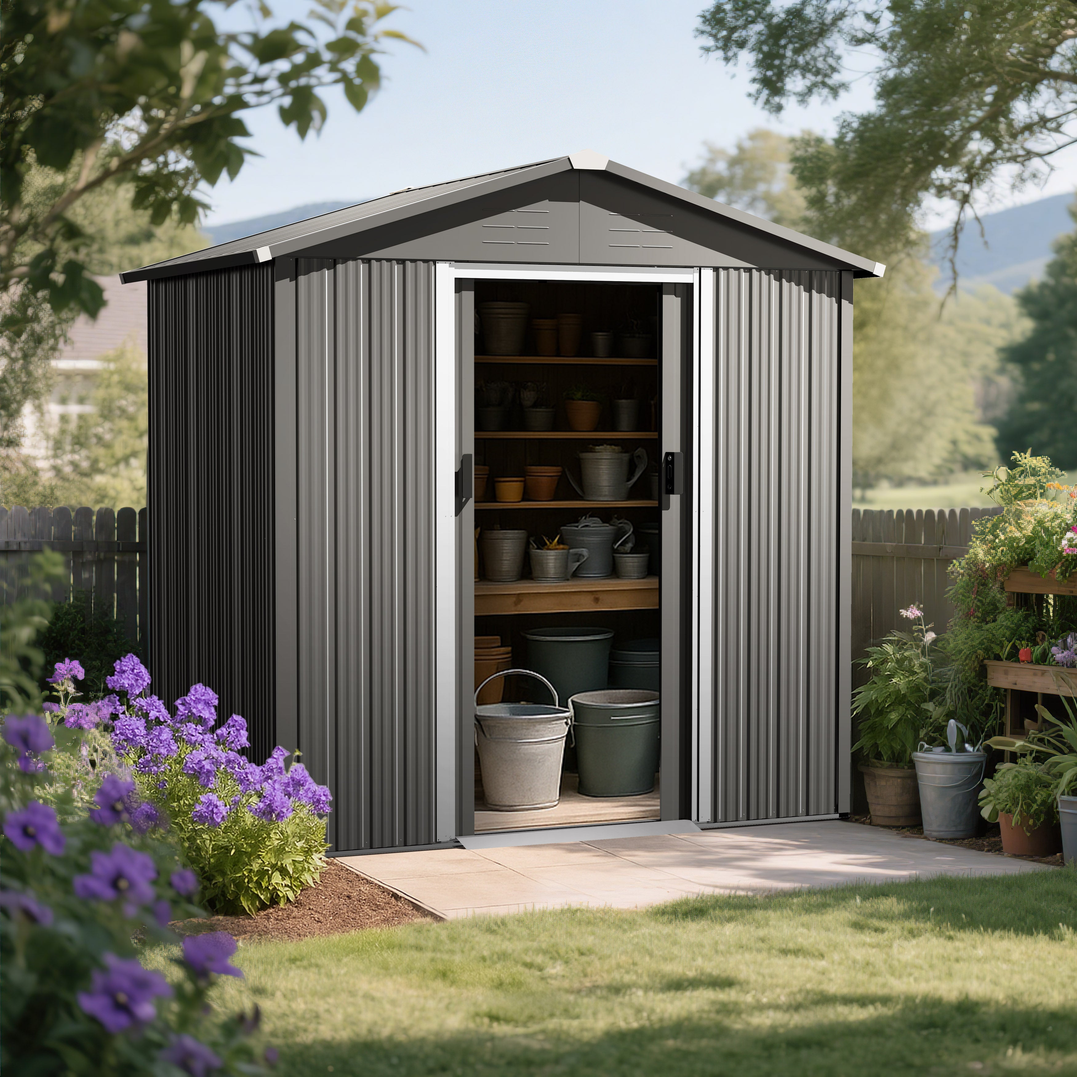 2024サンパウロ #10LUCIANO Sサイズ 6 x 4 FT Garden Shed Storage Tool Shed with Sliding Doors, Gray