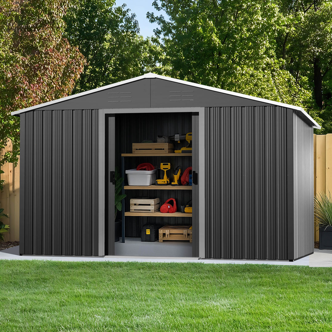 8 x 10 FT Garden Shed Storage Tool Shed with Sliding Doors, Black