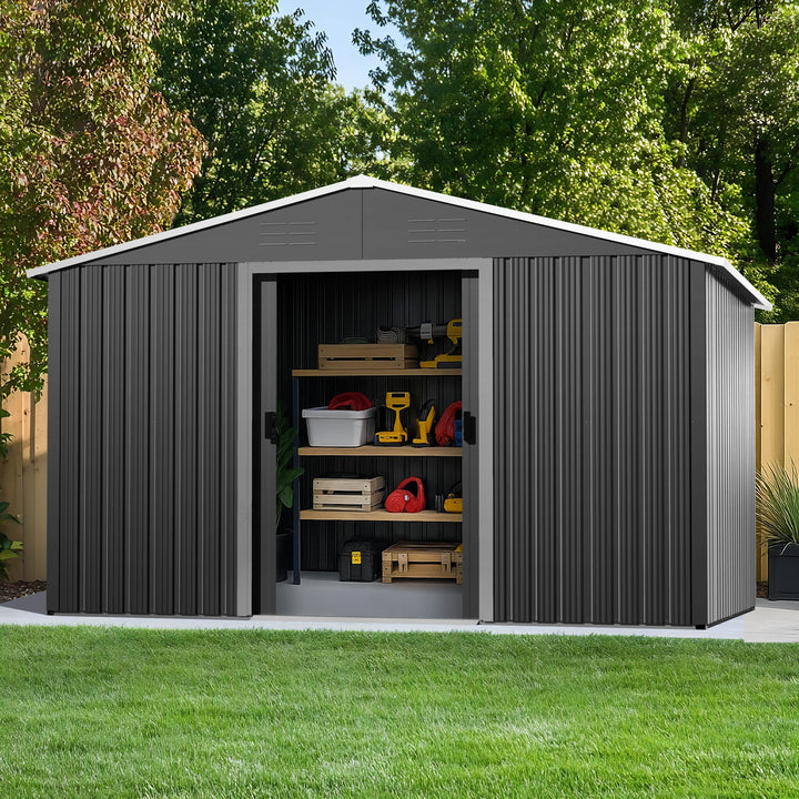 8 x 10 FT Garden Shed Storage Tool Shed with Sliding Doors, Black