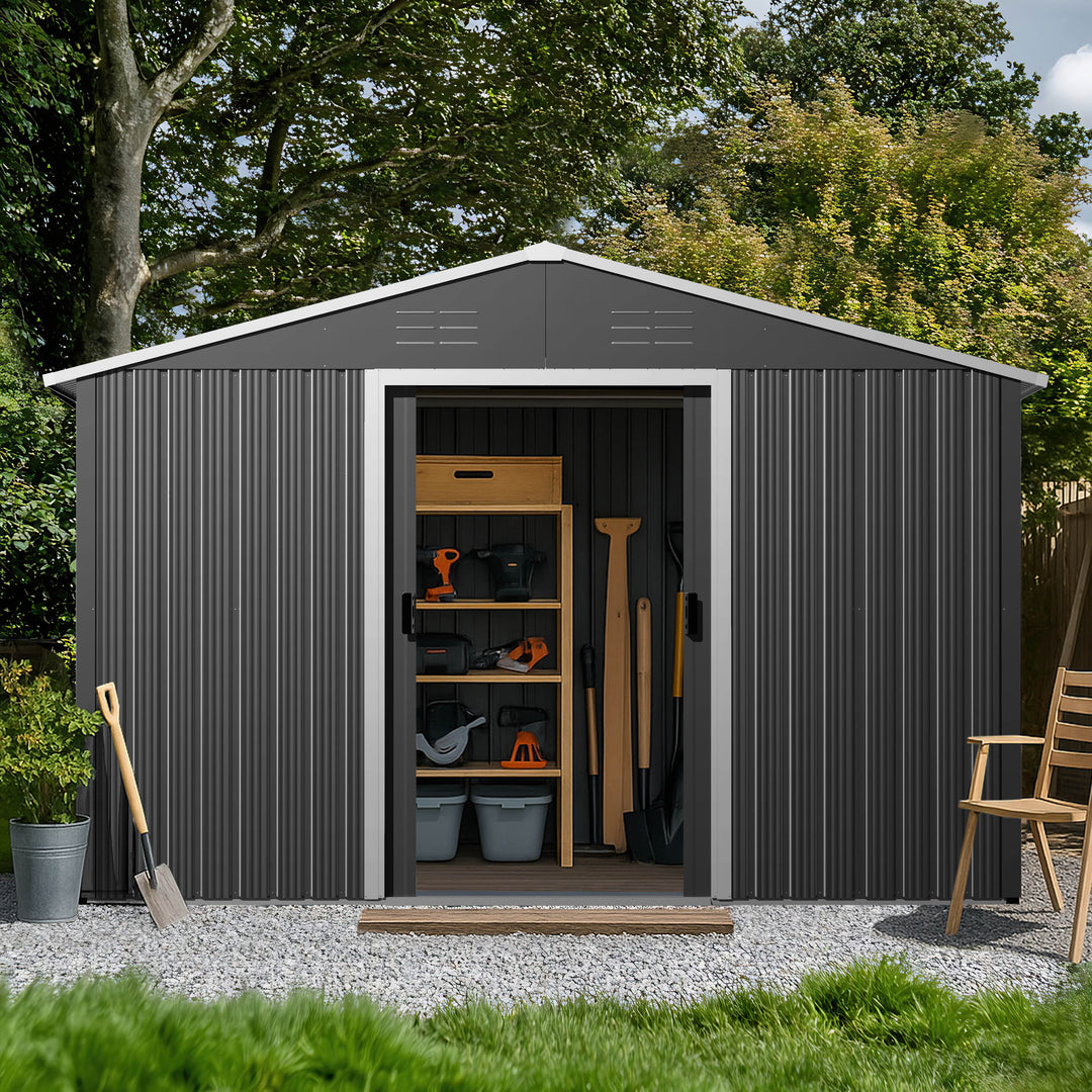 8 x 10 FT Garden Shed Storage Tool Shed with Sliding Doors, Black