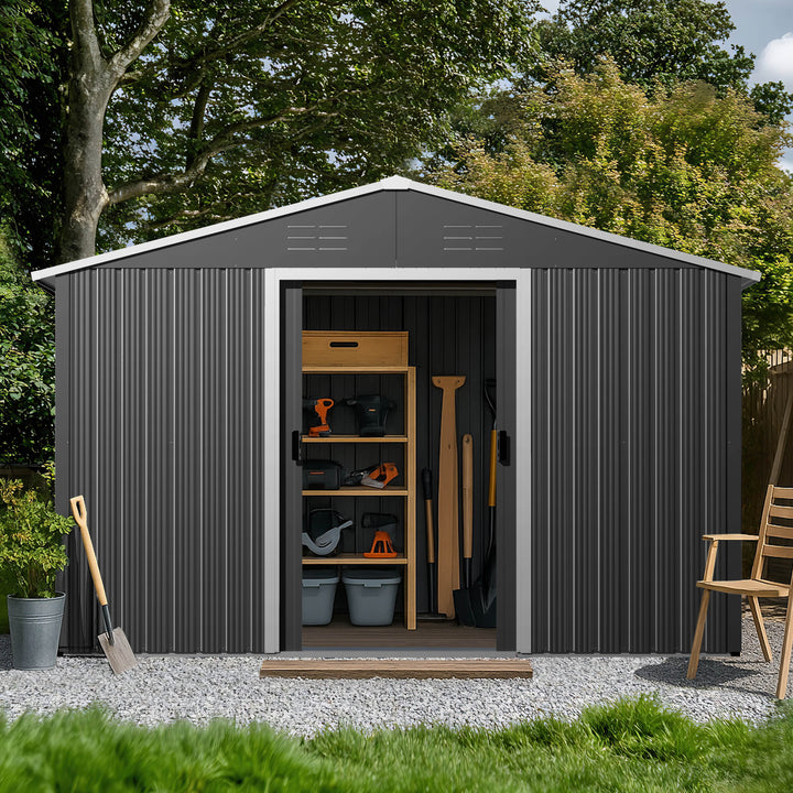 8 x 10 FT Garden Shed Storage Tool Shed with Sliding Doors, Black