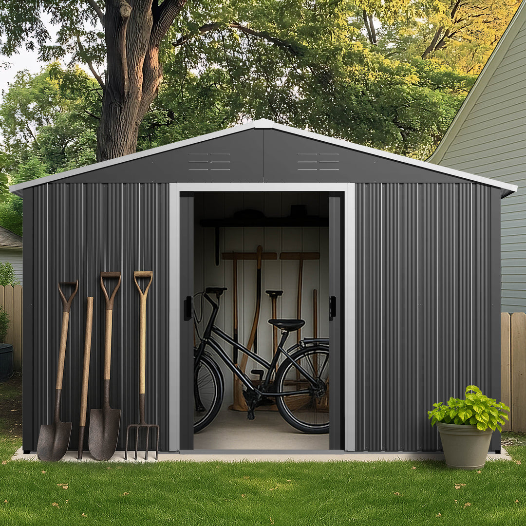 8 x 10 FT Garden Shed Storage Tool Shed with Sliding Doors, Black