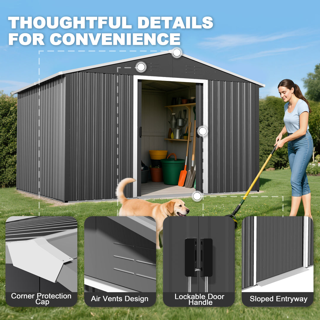 8 x 10 FT Garden Shed Storage Tool Shed with Sliding Doors, Black