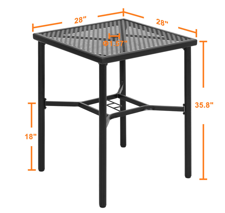 Outdoor 28 Inch Square Bar Table with Mesh Top and 1.57-Inch Umbrella Hole