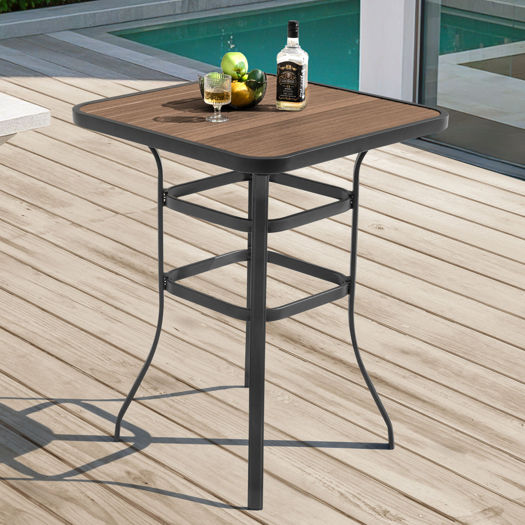 Outdoor Square Height Bar Table with Faux Wood Tabletop, Brown