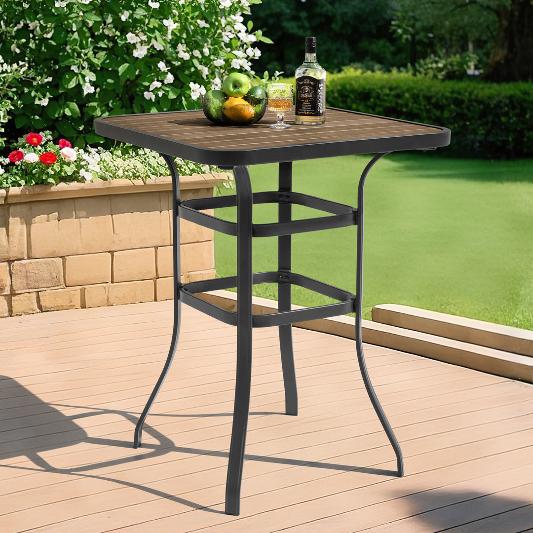 Outdoor Square Height Bar Table with Faux Wood Tabletop, Brown