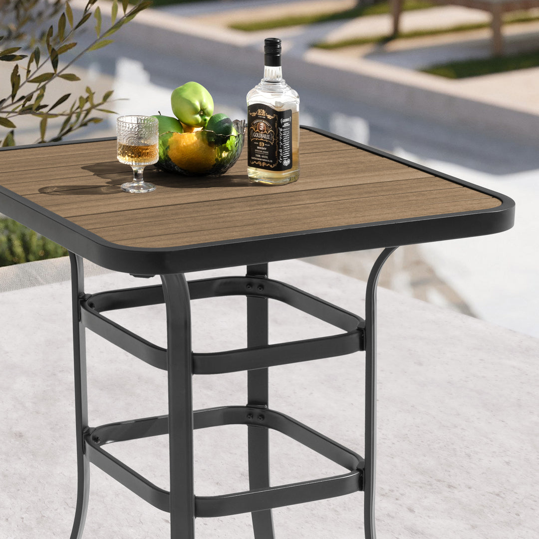 Outdoor Square Height Bar Table with Faux Wood Tabletop, Brown