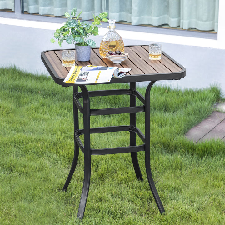 Outdoor Square Height Bar Table with Faux Wood Tabletop, Brown