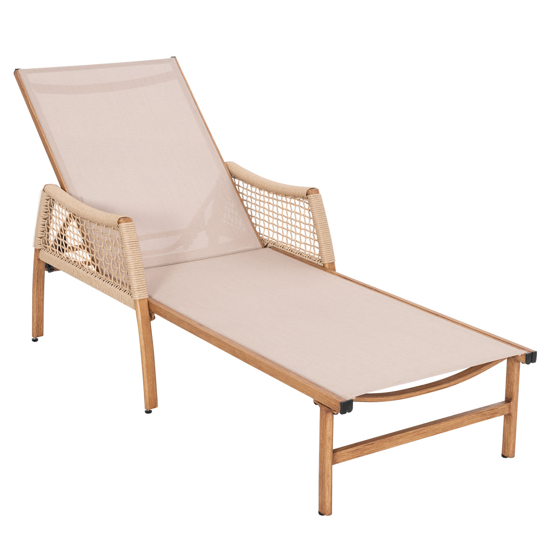 Outdoor Aluminum and Rattan Chaise Lounge Chair with 6-Position Adjustable Backrest, Brown and Beige