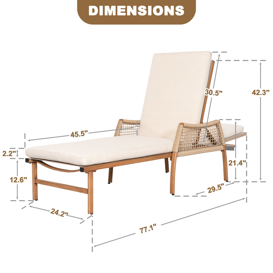 Outdoor Aluminum and Rattan Chaise Lounge Chair with 6-Position Adjustable Backrest, Brown and Beige