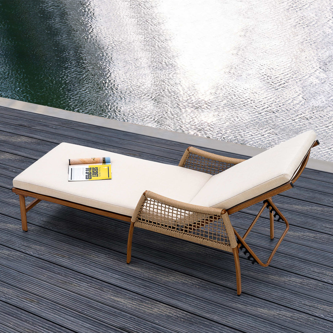 Outdoor Aluminum and Rattan Chaise Lounge Chair with 6-Position Adjustable Backrest, Brown and Beige