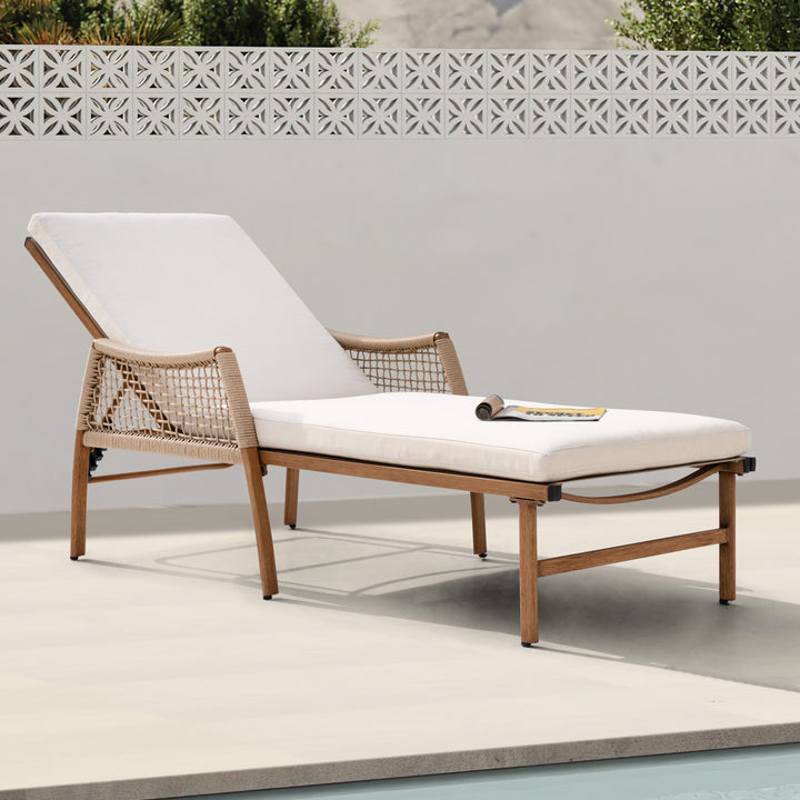 Outdoor Aluminum and Rattan Chaise Lounge Chair with 6-Position Adjustable Backrest, Brown and Beige