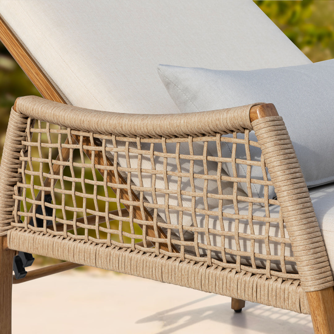 Outdoor Aluminum and Rattan Chaise Lounge Chair with 6-Position Adjustable Backrest, Brown and Beige