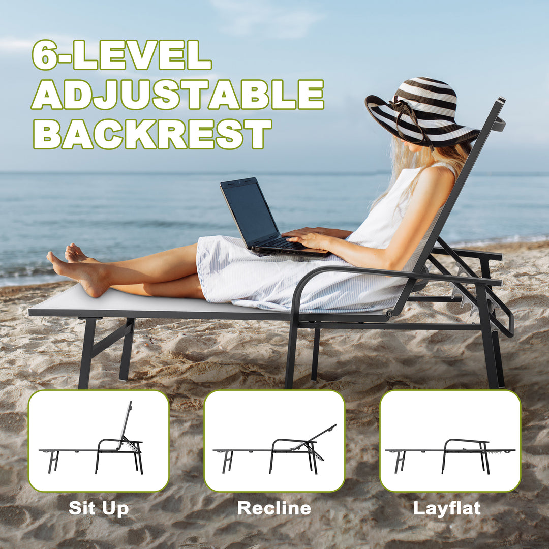 Outdoor Patio Folding Chaise Lounge Chair with 6-Position Adjustable Backrest and Breathable Textile Fabric, Beach, Yard, Pool, Lawn, Gray