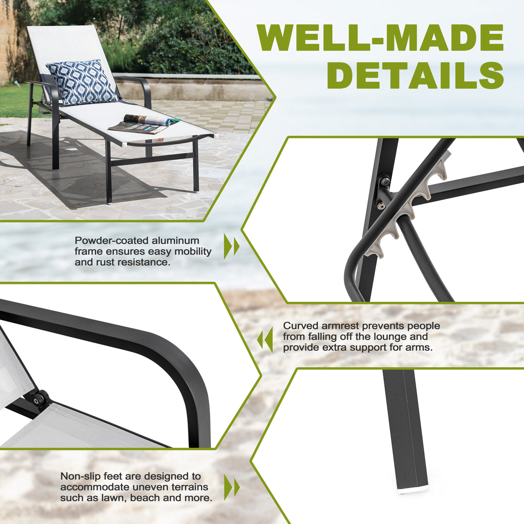 Outdoor Patio Folding Chaise Lounge Chair with 6-Position Adjustable Backrest and Breathable Textile Fabric, Beach, Yard, Pool, Lawn, Gray