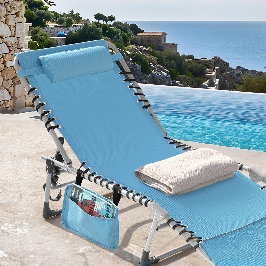 Outdoor Adjustable Textilene Lounge Chair Folding Tanning Chair with Pillow
