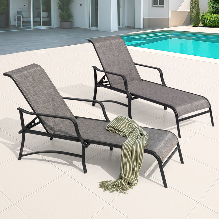 Outdoor Textilene Metal Lounge Chairs Set of 2, 5-Level Adjustable Backrest