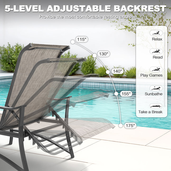 Outdoor Textilene Metal Lounge Chairs Set of 2, 5-Level Adjustable Backrest