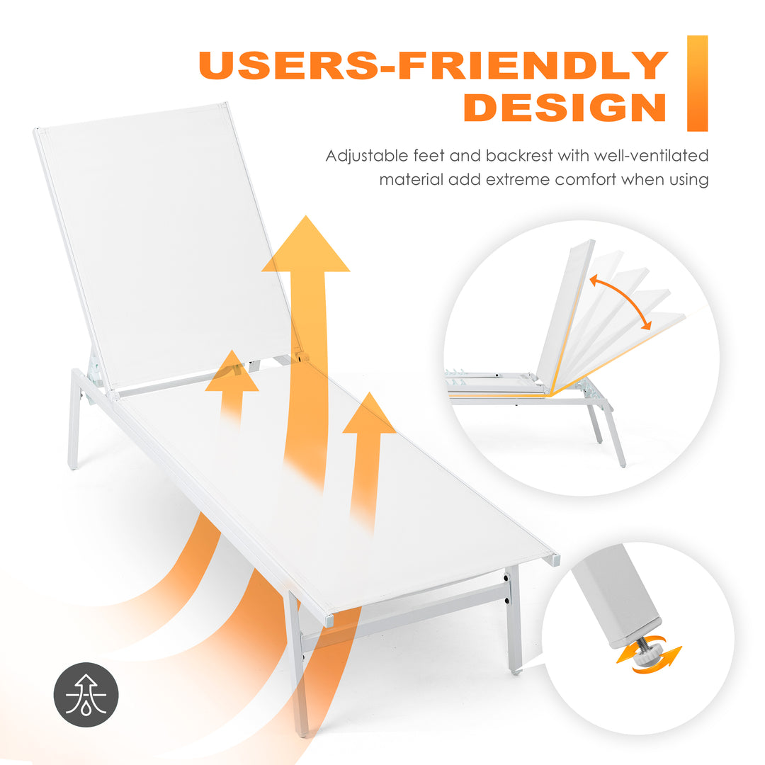 Outdoor Patio Chaise Lounge Chair All-Flat 5 Positions Chaise Lounge Chairs,Portable Folding Recliner, White