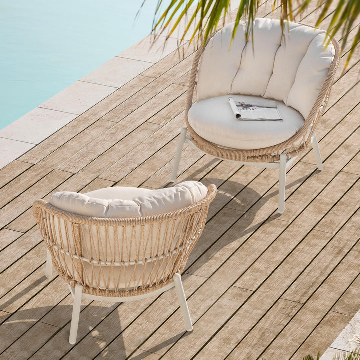 Outdoor Single Sofa Set of 2, Robust Twisted Rattan with Padded Cushions, Beige