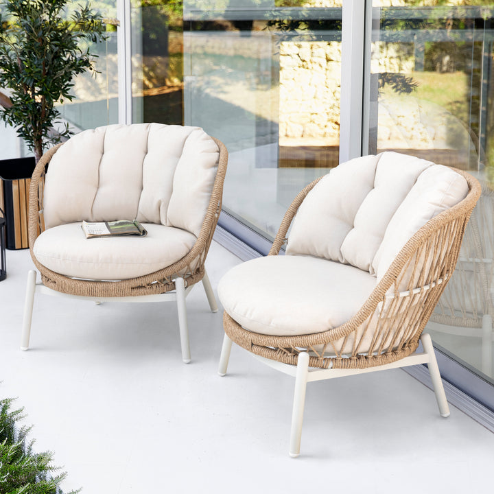 Outdoor Single Sofa Set of 2, Robust Twisted Rattan with Padded Cushions, Beige