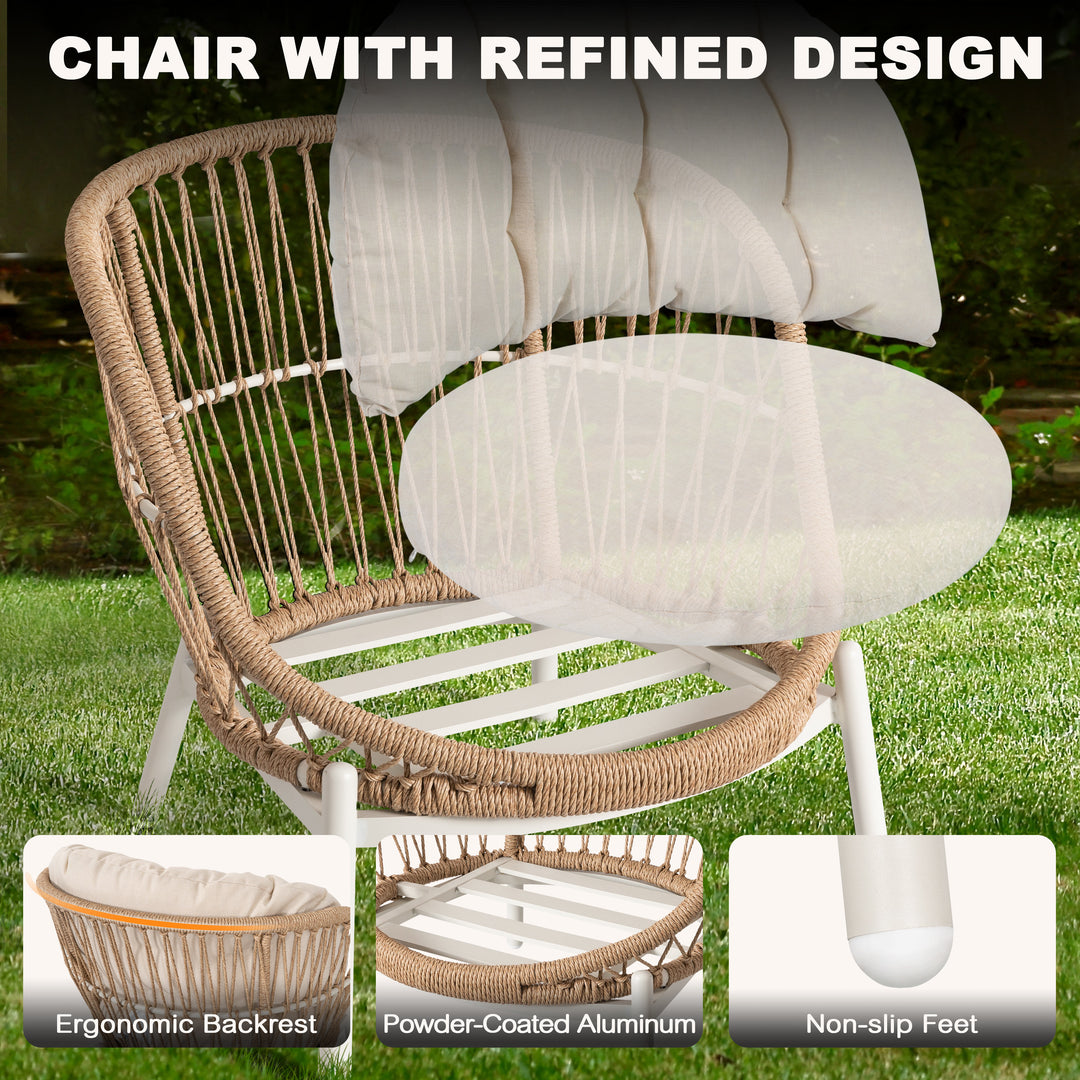Outdoor Single Sofa Set of 2, Robust Twisted Rattan with Padded Cushions, Beige