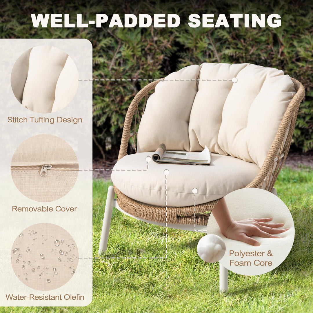 Outdoor Single Sofa Set of 2, Robust Twisted Rattan with Padded Cushions, Beige