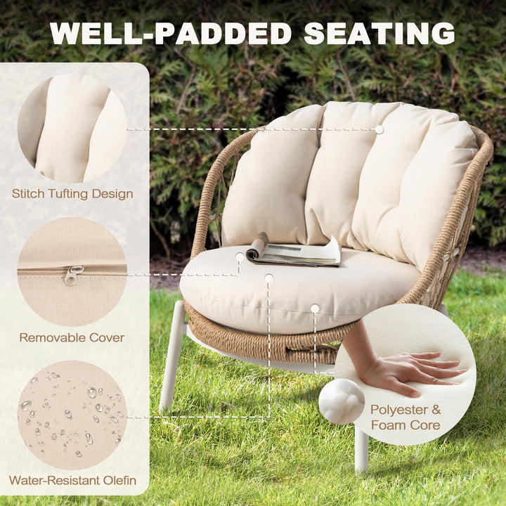 Outdoor Single Sofa Set of 2, Robust Twisted Rattan with Padded Cushions, Beige