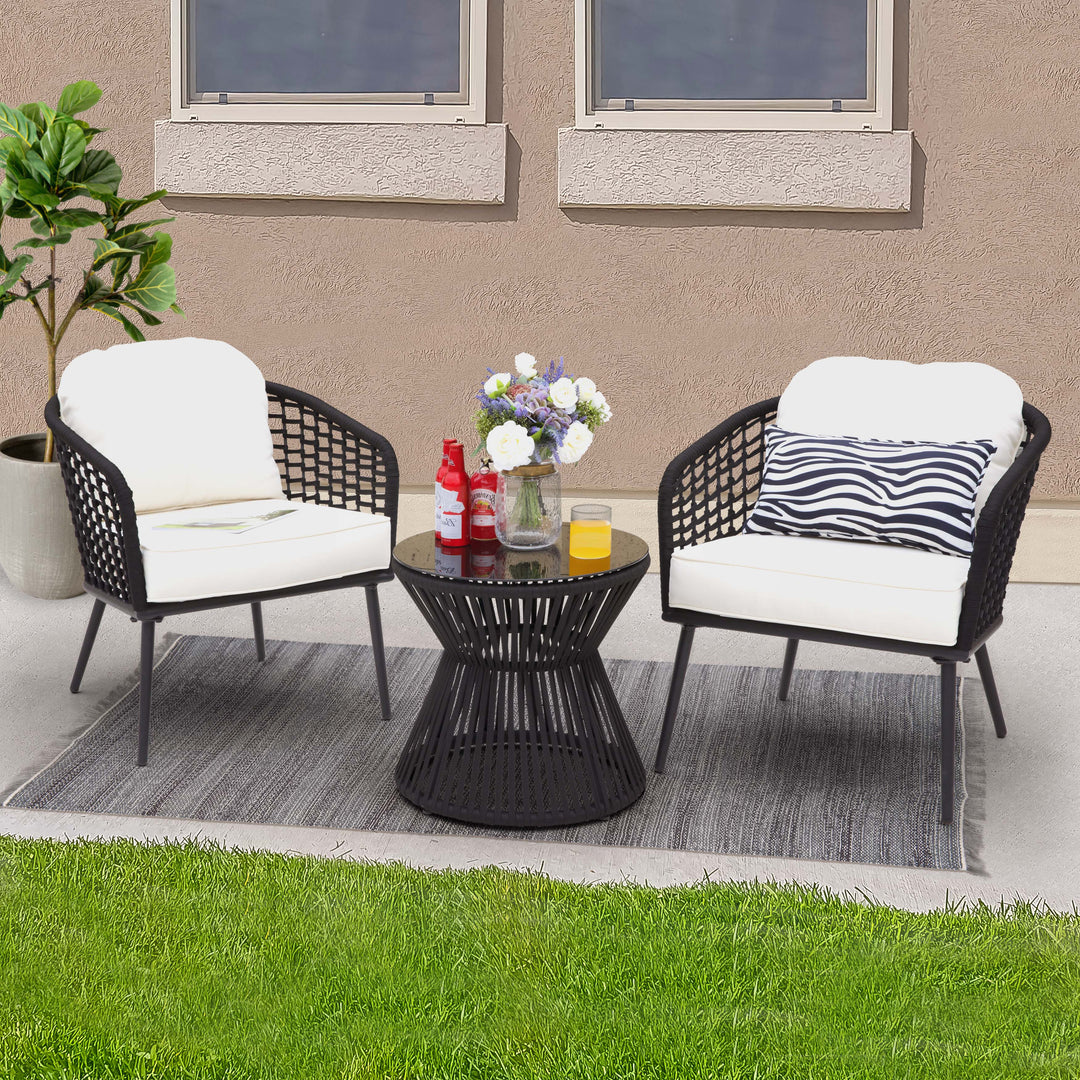 Outdoor 3-Piece Patio Bistro Set, 1 Coffee Table with Glass Tabletop and 2 Single Bistro Chairs with White Cushions, Wear-Resistant Woven Rope and Powder-Coated Steel, for Garden Yard Lawn Balcony, Black