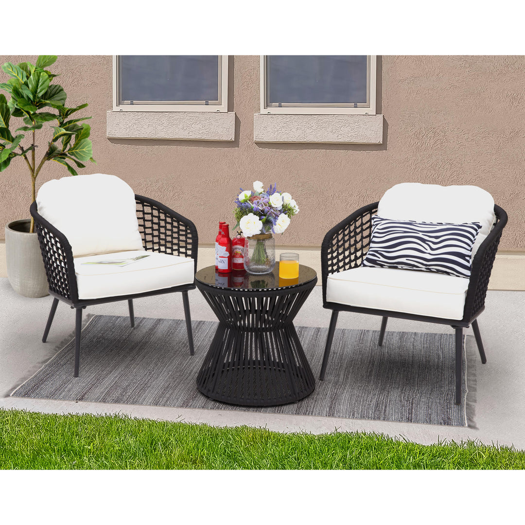 Outdoor 3-Piece Patio Bistro Set, 1 Coffee Table with Glass Tabletop and 2 Single Bistro Chairs with White Cushions, Wear-Resistant Woven Rope and Powder-Coated Steel, for Garden Yard Lawn Balcony, Black