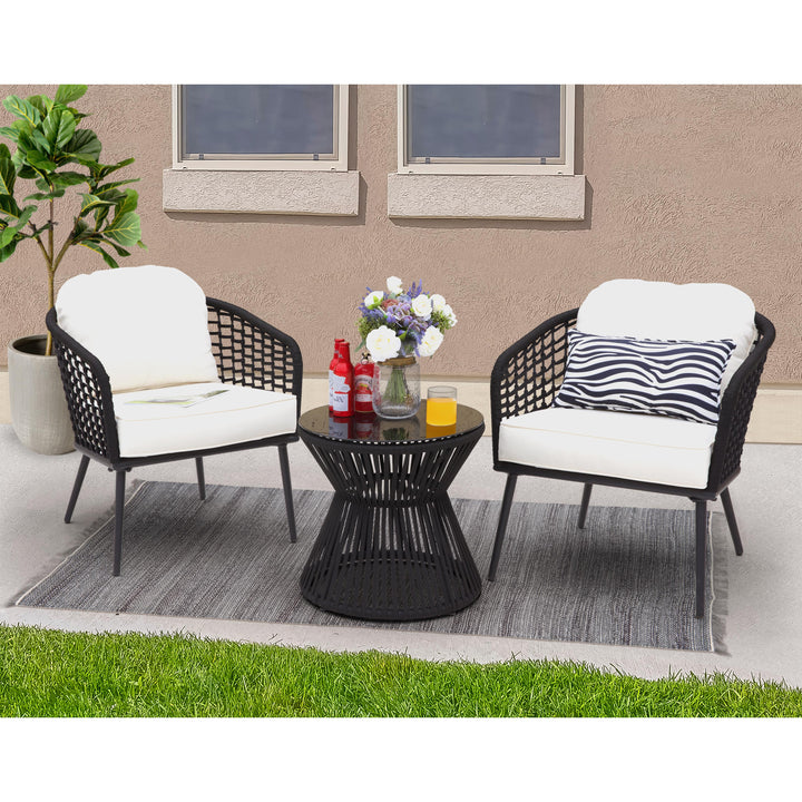 Outdoor 3-Piece Patio Bistro Set, 1 Coffee Table with Glass Tabletop and 2 Single Bistro Chairs with White Cushions, Wear-Resistant Woven Rope and Powder-Coated Steel, for Garden Yard Lawn Balcony, Black