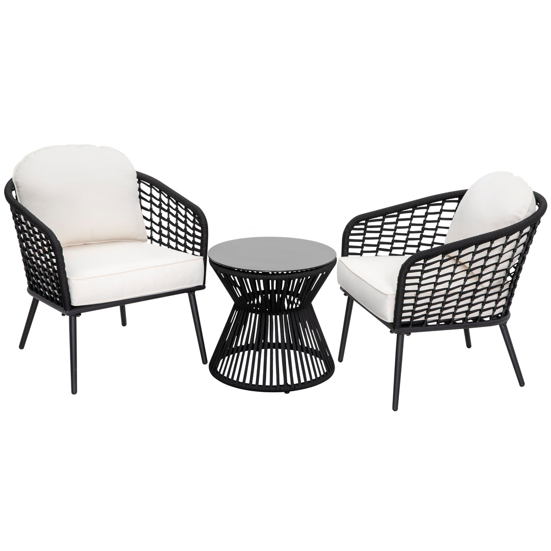 Outdoor 3-Piece Patio Bistro Set, 1 Coffee Table with Glass Tabletop and 2 Single Bistro Chairs with White Cushions, Wear-Resistant Woven Rope and Powder-Coated Steel, for Garden Yard Lawn Balcony, Black