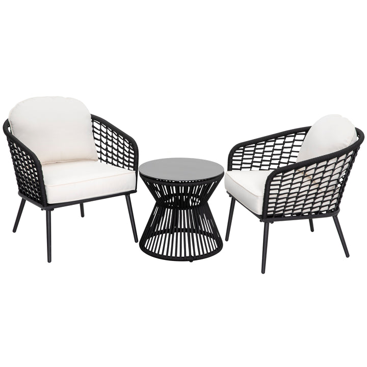 Outdoor 3-Piece Patio Bistro Set, 1 Coffee Table with Glass Tabletop and 2 Single Bistro Chairs with White Cushions, Wear-Resistant Woven Rope and Powder-Coated Steel, for Garden Yard Lawn Balcony, Black